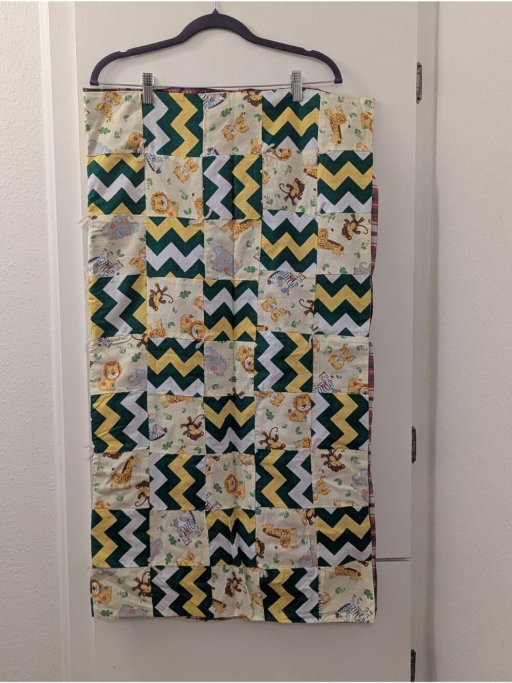 Handmade Baby Quilt With Animal & Chevron Patterns Double-Sided With Red Plaid B